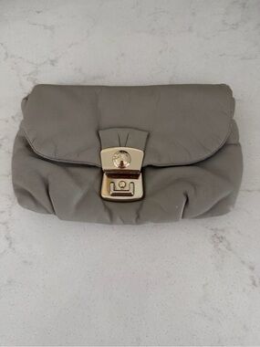 Gray Leather Fold-Over Clutch with Gold Turn-Lock